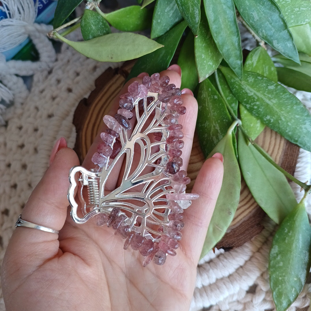 Mola de Cabelo Borboleta com Quartzo Morango