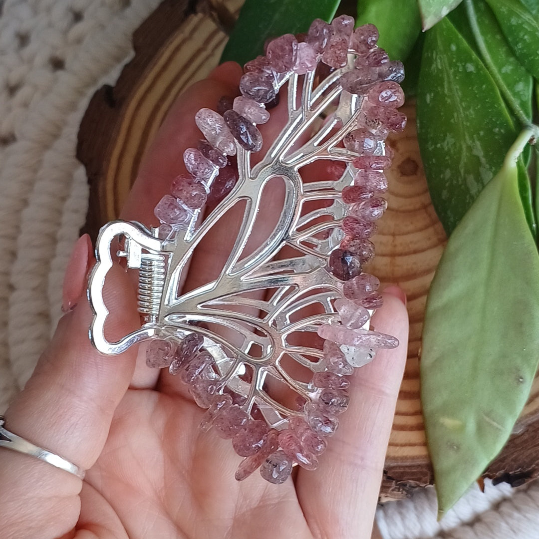 Mola de Cabelo Borboleta com Quartzo Morango