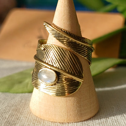 Adjustable bronze feather ring with moonstone