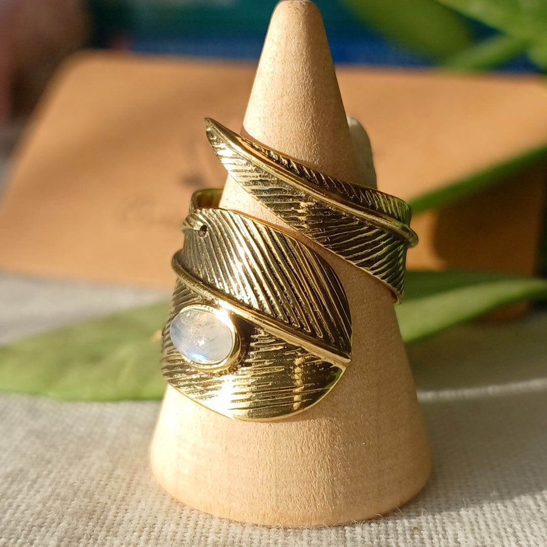 Adjustable bronze feather ring with moonstone