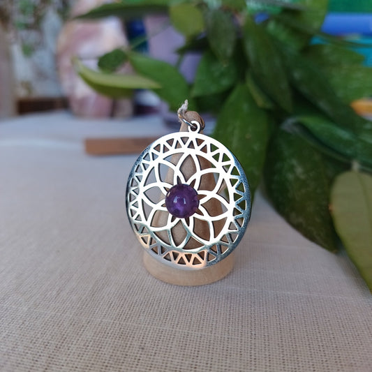 Mandala Steel Medallion with Amethyst