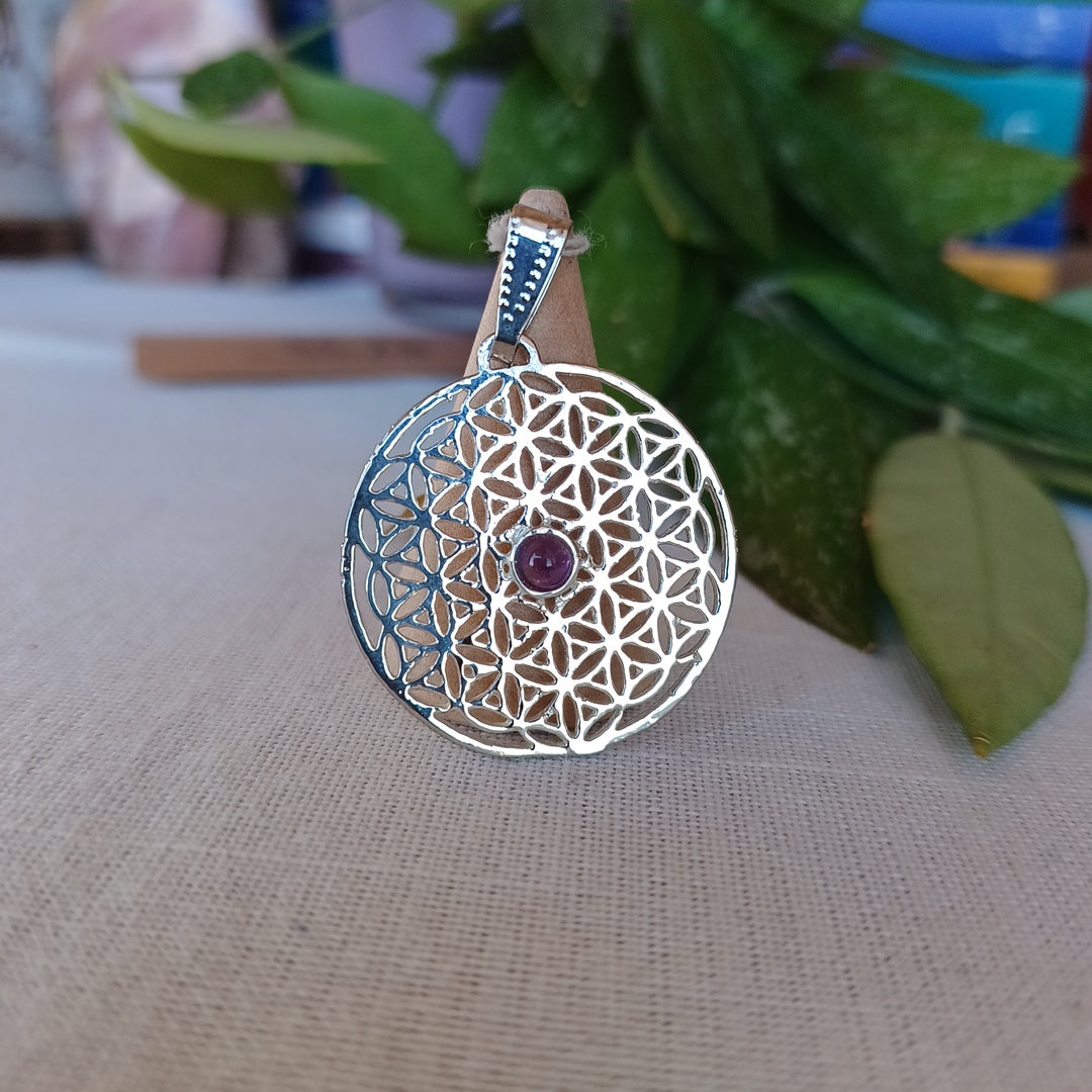 Flower of Life Silver Plated Medal with Amethyst